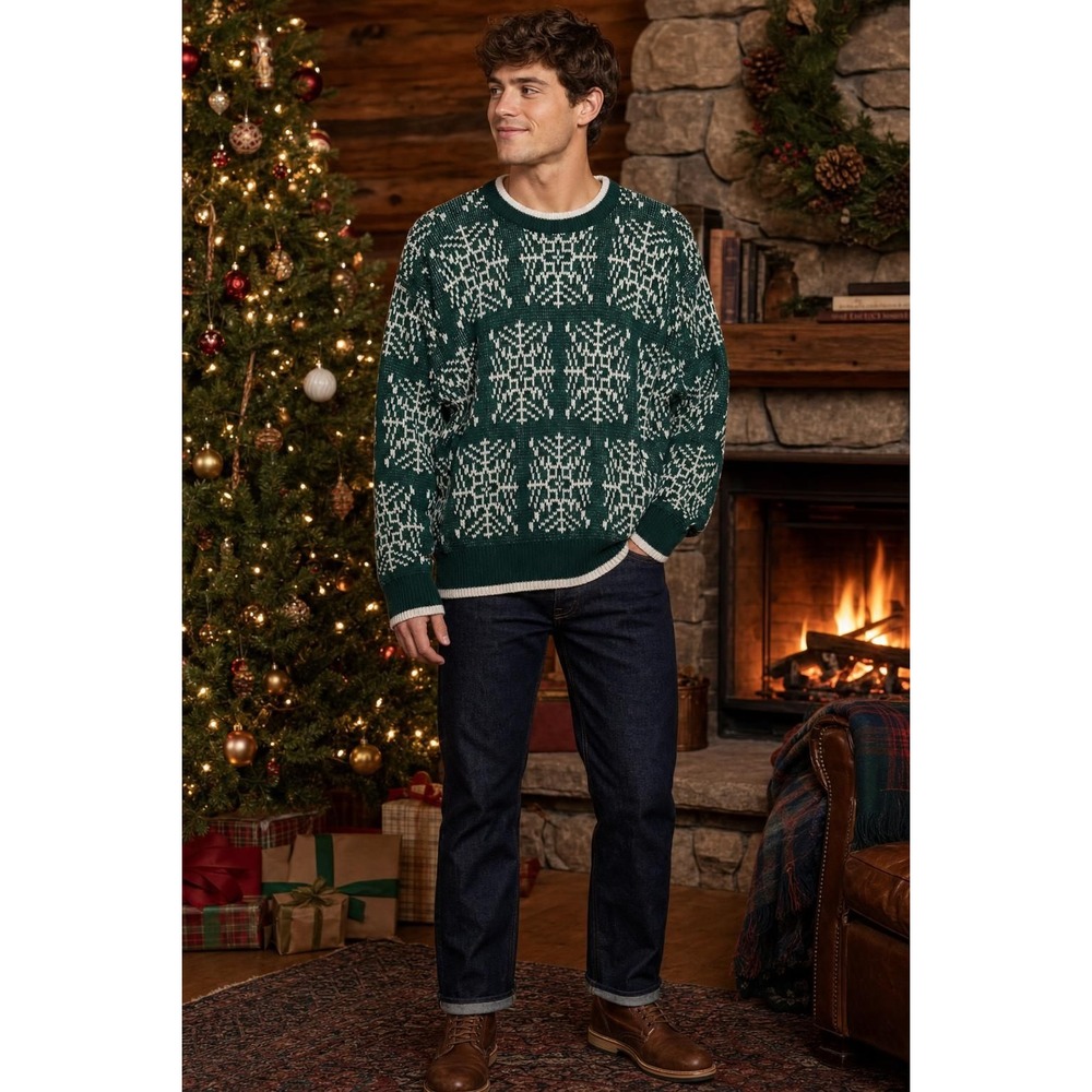 Vintage Pine Grove Christmas Sweater Men's L Green Snowflake Winter Cozy READ